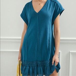 Anthropologie Daily Practice Solana Teal Blue Ruffle V‎ Neck Tunic Dress SZ S